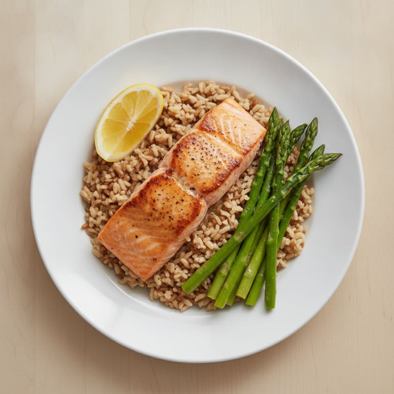 Seared Salmon Fillet with Steamed Asparagus and Brown Rice