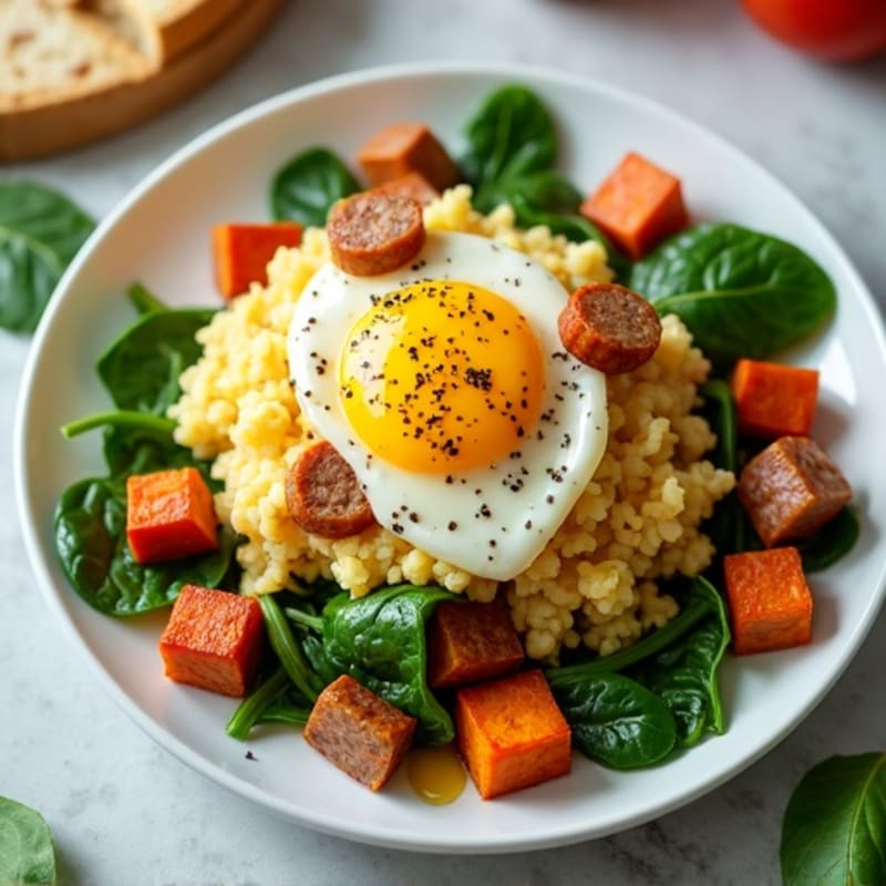 Egg White and Turkey Sausage Scramble with Spinach and Roasted Sweet Potato
