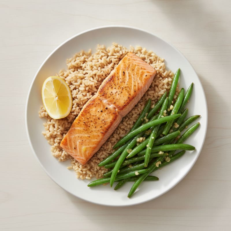 Seared Salmon with Garlic Green Beans and Brown Rice