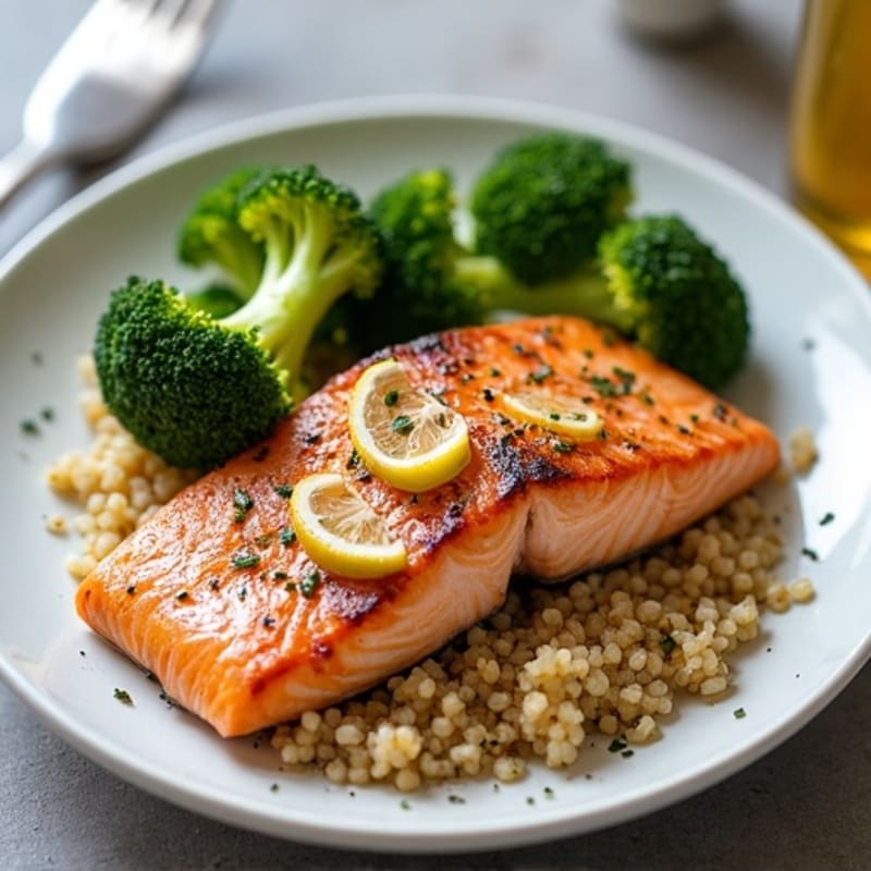 Seared Salmon Fillet with Roasted Broccoli and Quinoa