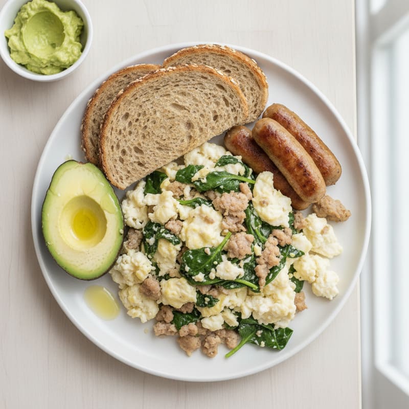 Egg White and Turkey Sausage Scramble with Baby Spinach
