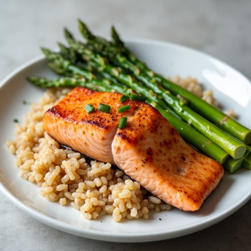 Seared Salmon with Steamed Asparagus and Brown Rice