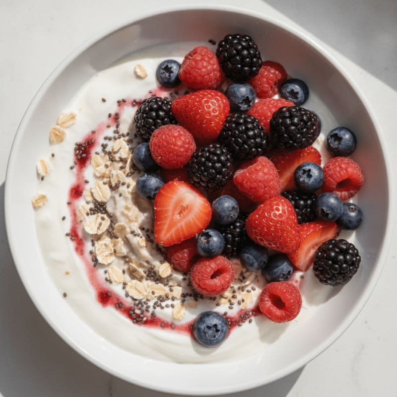Greek Yogurt and Oatmeal Bowl with Chia Seeds and Mixed Berries