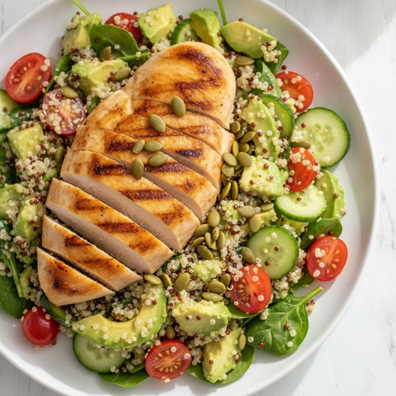 Grilled Chicken Breast with Creamy Avocado Quinoa Salad