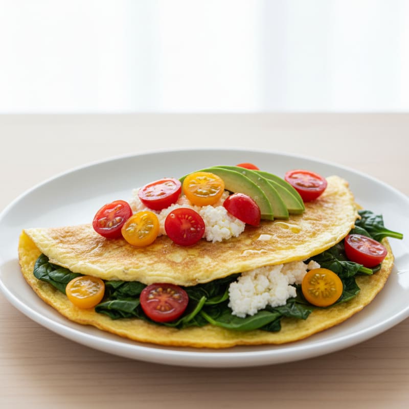 Egg White Spinach Omelette with Cottage Cheese and Fresh Tomatoes