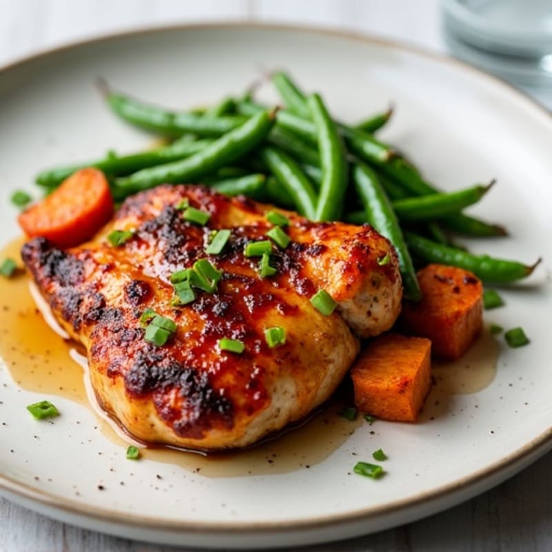 Sticky Date-Glazed Chicken with Roasted Sweet Potatoes and Crispy Green Beans