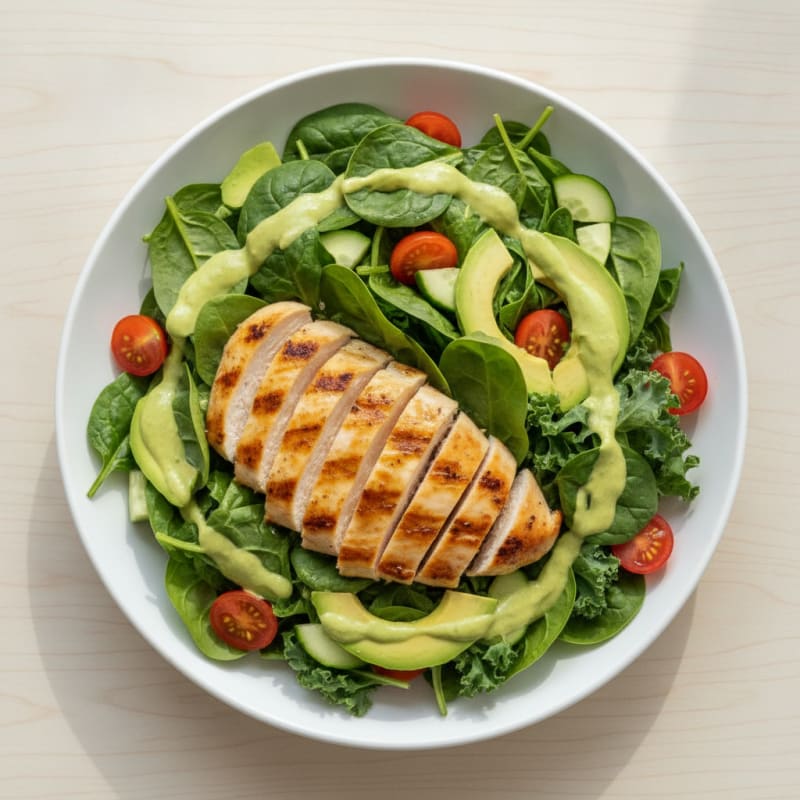 Grilled Chicken Salad with Creamy Avocado Dressing and Mixed Greens
