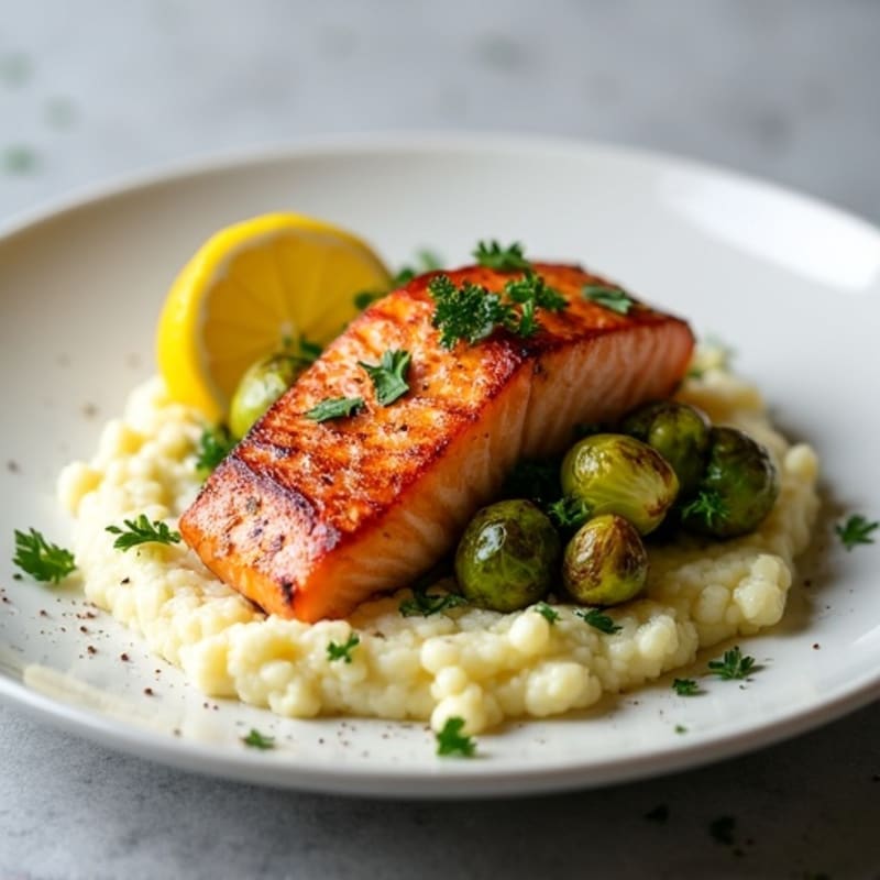 Seared Salmon with Roasted Brussels Sprouts and Cauliflower Mash