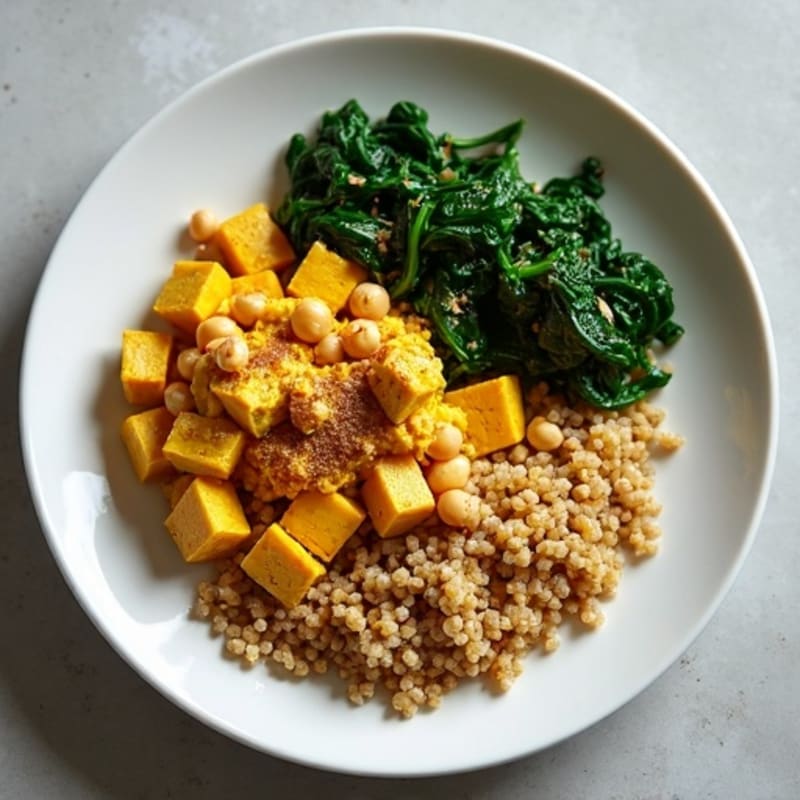 Creamy Chickpea Tofu Scramble with Sautéed Spinach and Spiced Quinoa