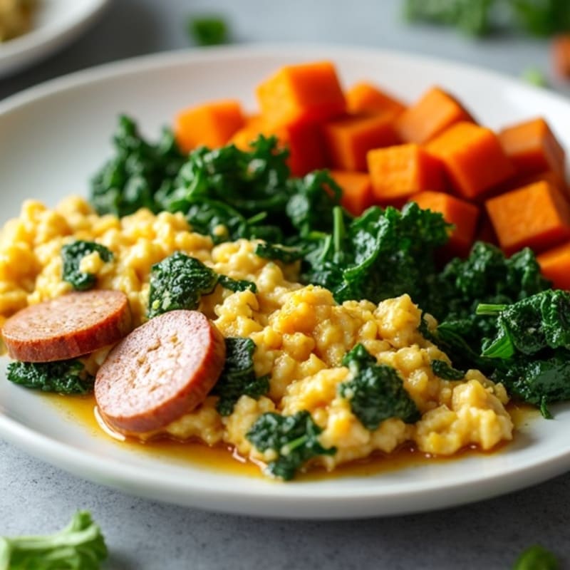 Egg White Spinach Scramble with Turkey Sausage and Roasted Sweet Potatoes