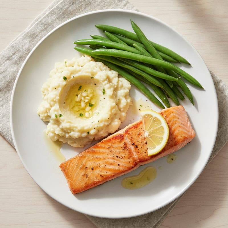 Seared Salmon with Steamed Green Beans and Garlic Mashed Cauliflower