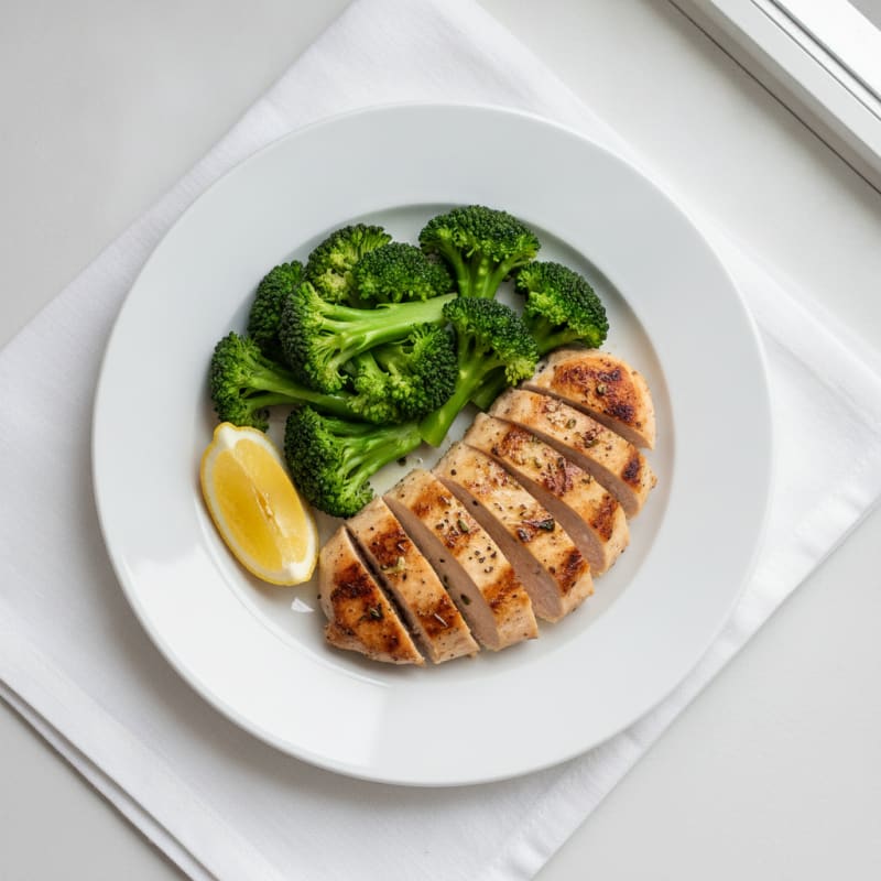 Grilled Chicken Breast with Steamed Broccoli and Lemon