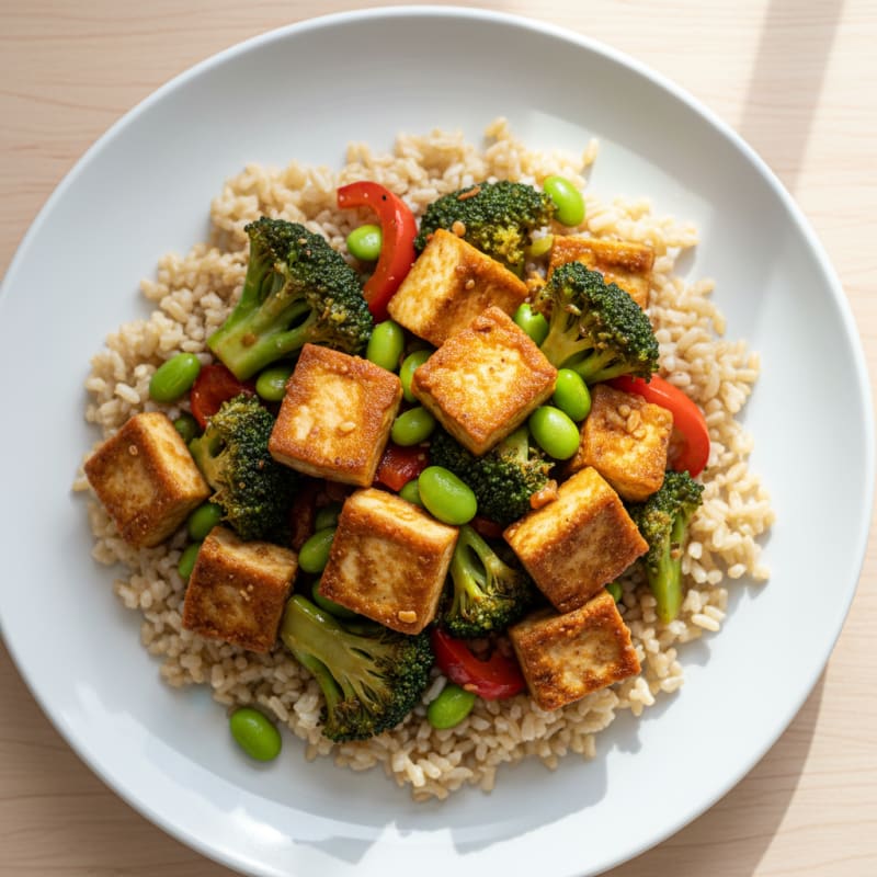 Crispy Tofu and Veggie Stir-Fry with Brown Rice
