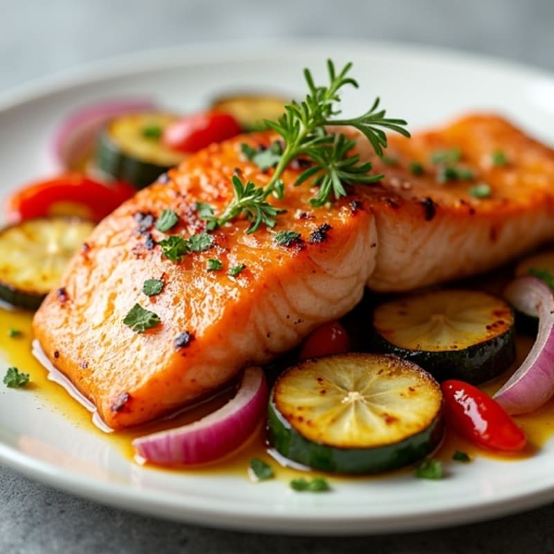 Pan-Seared Salmon with Garlic Roasted Vegetables