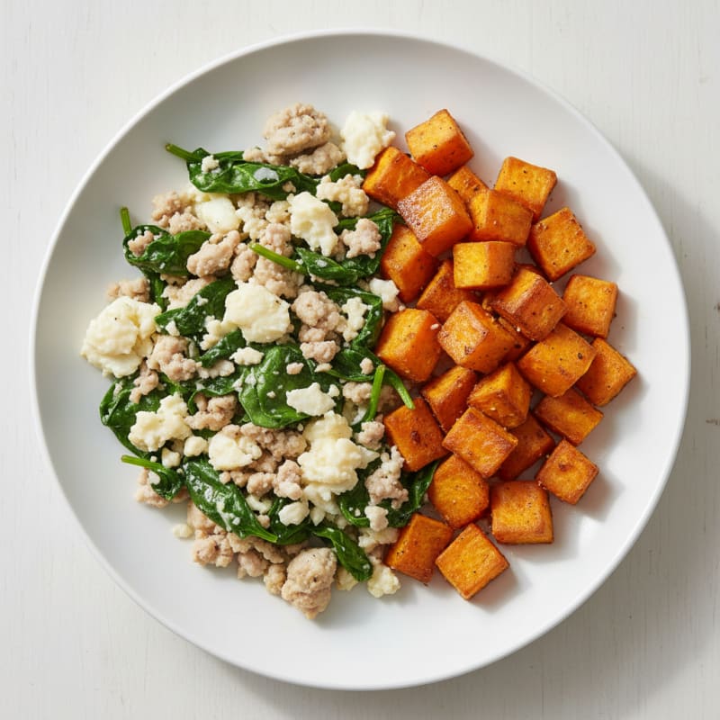 Egg White and Turkey Spinach Scramble with Roasted Sweet Potato