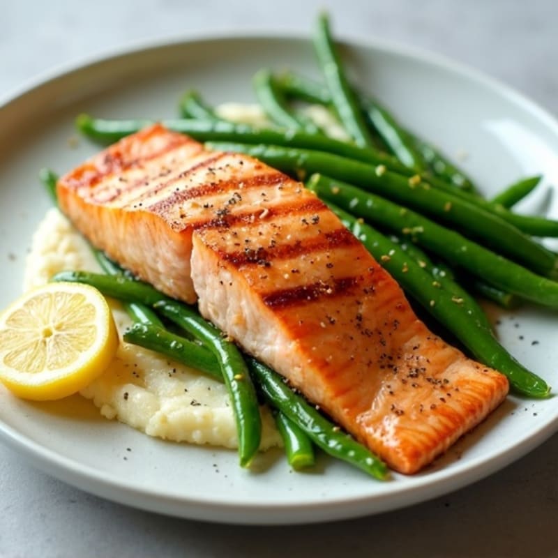 Seared Salmon with Steamed Green Beans and Cauliflower Mash