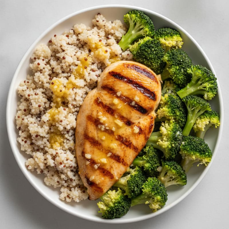 Grilled Lemon-Garlic Chicken Breast with Quinoa and Steamed Broccoli