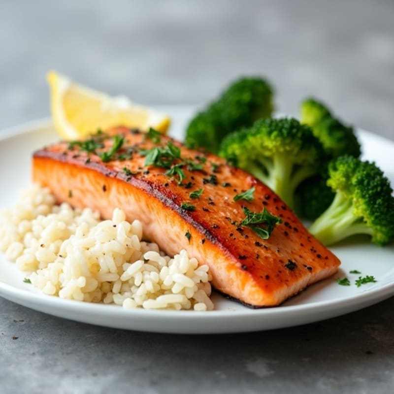 Seared Salmon with Garlic Rice and Steamed Broccoli