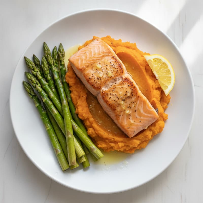 Seared Salmon Fillet with Roasted Asparagus and Sweet Potato Mash
