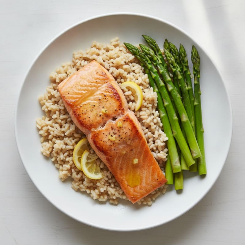 Seared Salmon Fillet with Steamed Asparagus and Brown Rice