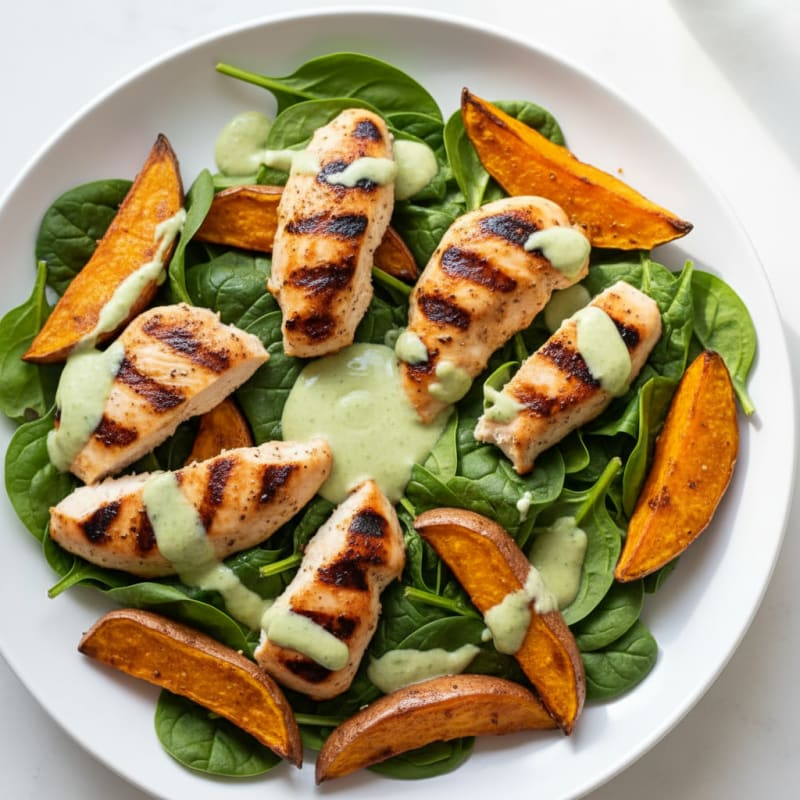 Grilled Chicken Spinach Salad with Roasted Sweet Potatoes