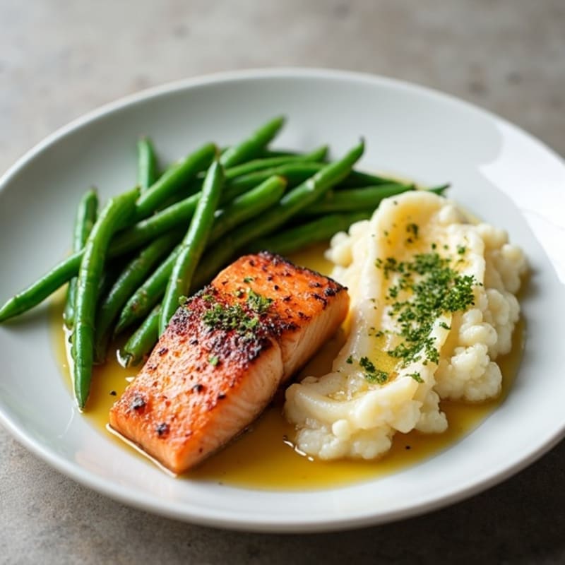 Seared Salmon with Garlic Green Beans and Cauliflower Mash