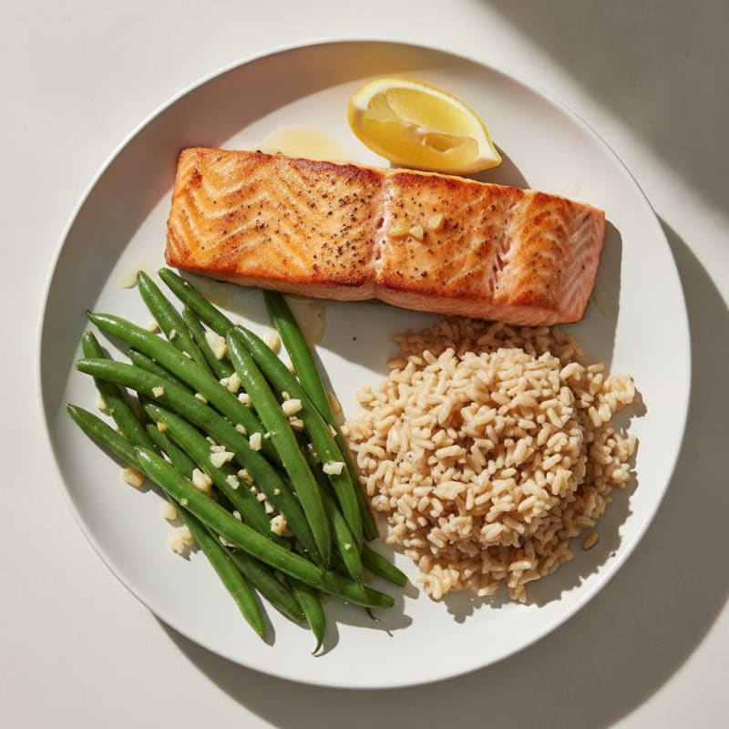 Seared Salmon with Garlic Green Beans and Brown Rice