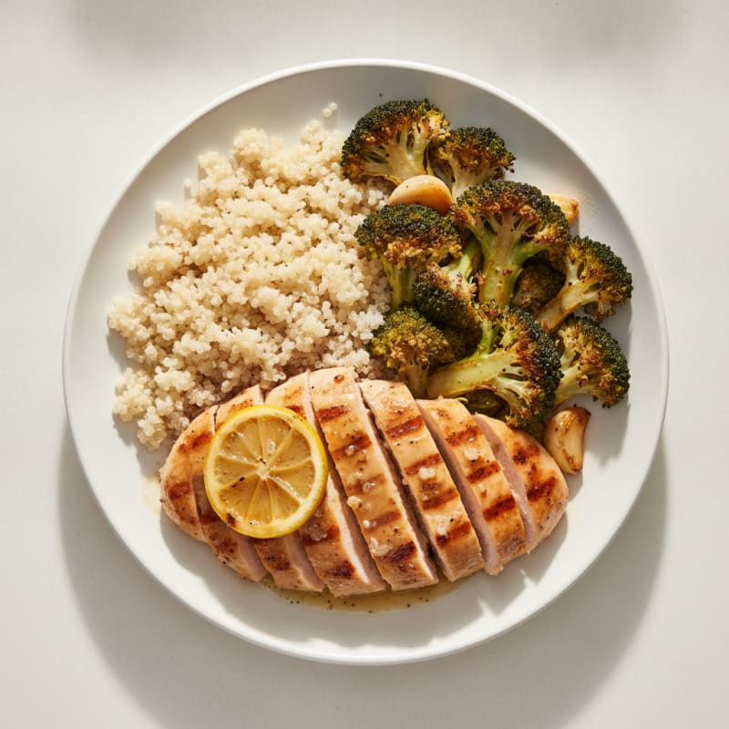 Grilled Lemon-Garlic Chicken Breast with Quinoa and Roasted Broccoli