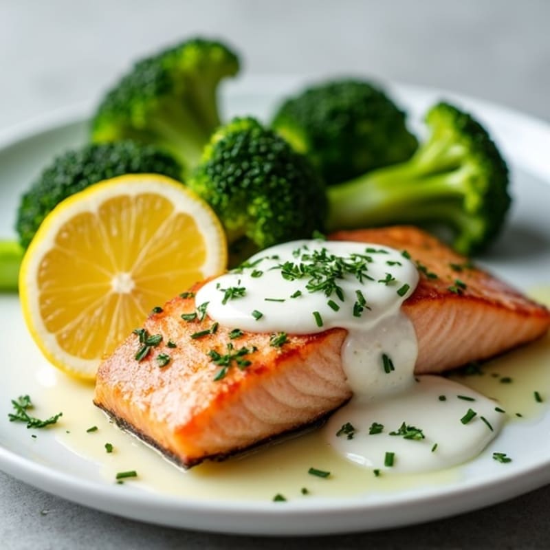 Seared Salmon with Steamed Broccoli and Lemon