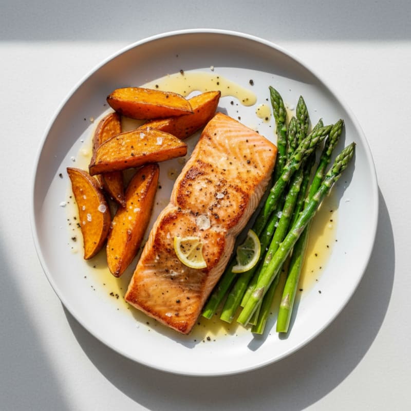 Golden Pan-Seared Salmon with Roasted Sweet Potatoes