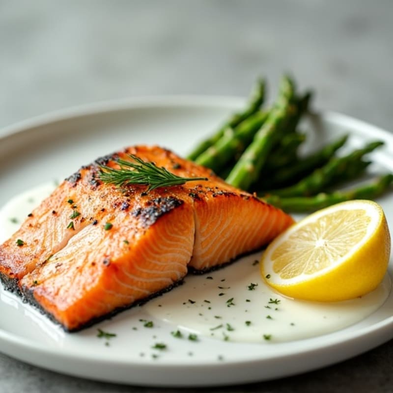 Seared Salmon with Steamed Asparagus and Lemon-Dill Yogurt Sauce