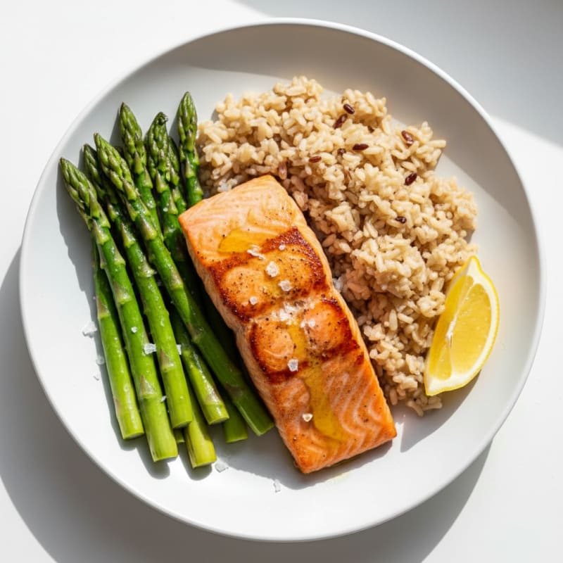 Seared Salmon with Steamed Asparagus and Brown Rice