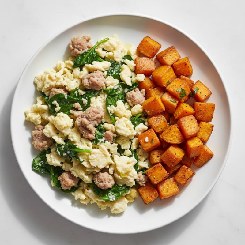 Egg White and Turkey Sausage Scramble with Spinach and Roasted Sweet Potato