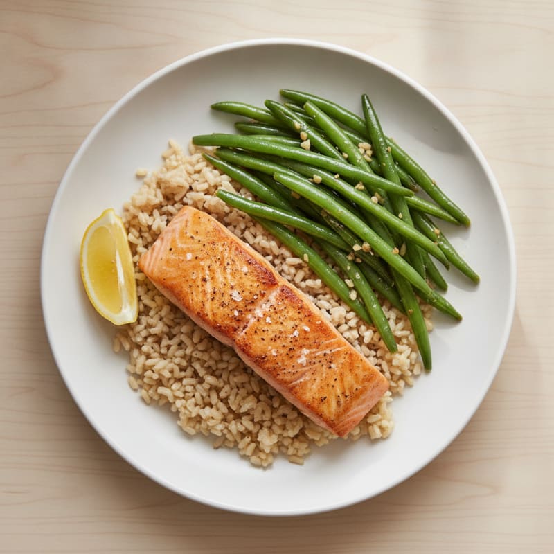 Seared Salmon Fillet with Garlic Green Beans and Brown Rice