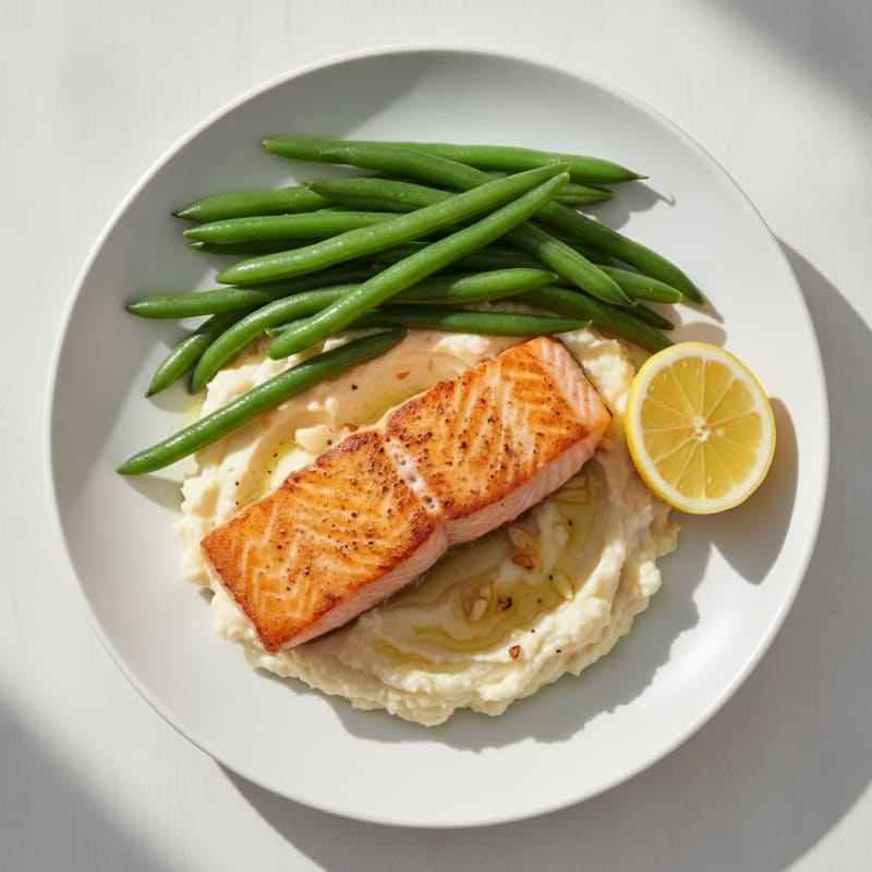 Seared Salmon Fillet with Steamed Green Beans and Garlic Cauliflower Mash