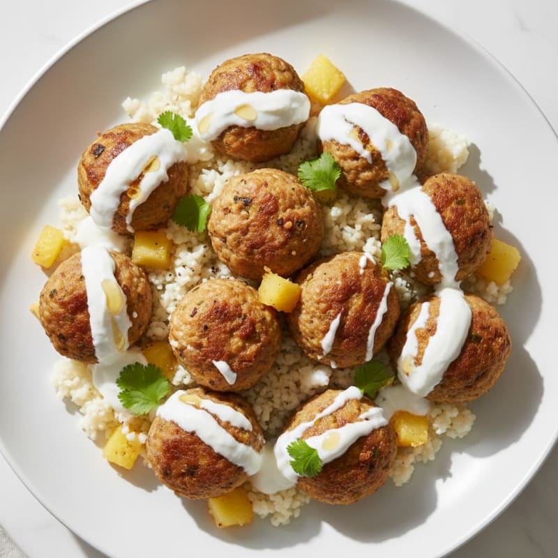 Tender Turkey Pineapple Meatballs with Creamy Yogurt Sauce