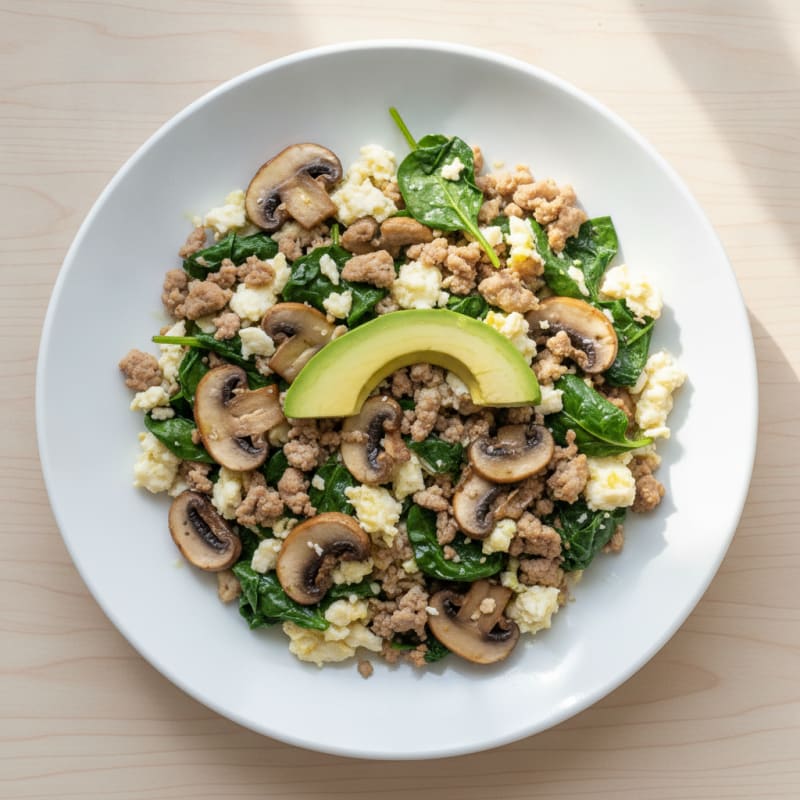 Egg White and Turkey Spinach Scramble with Sautéed Mushrooms
