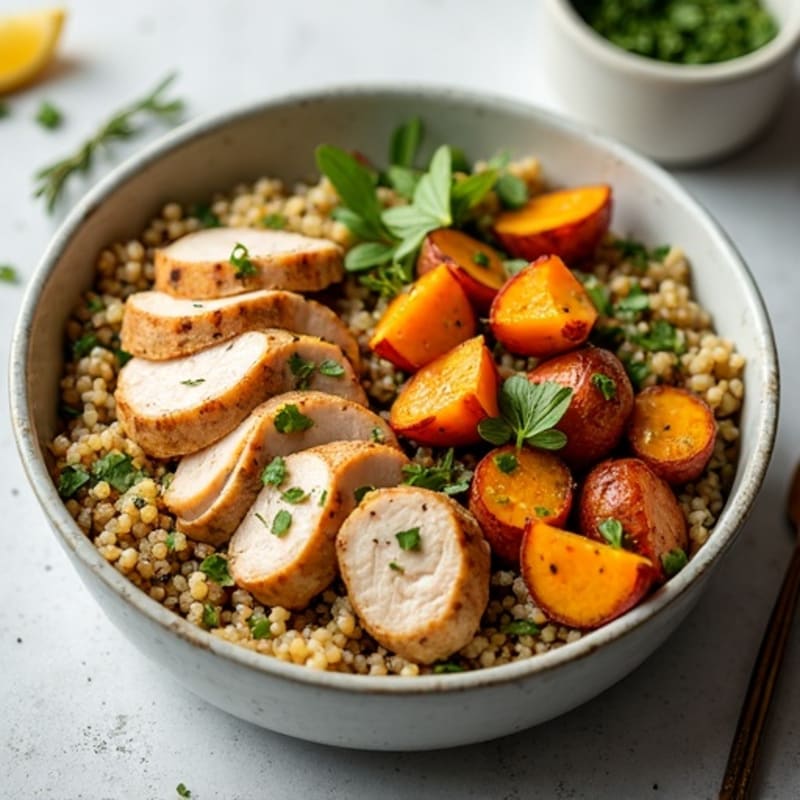 Herb-Roasted Chicken Quinoa Bowl with Roasted Sweet Potatoes