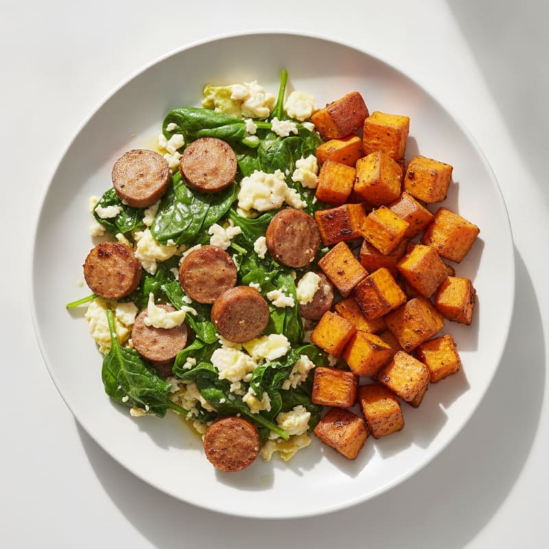 Egg White and Turkey Sausage Scramble with Spinach and Roasted Sweet Potato