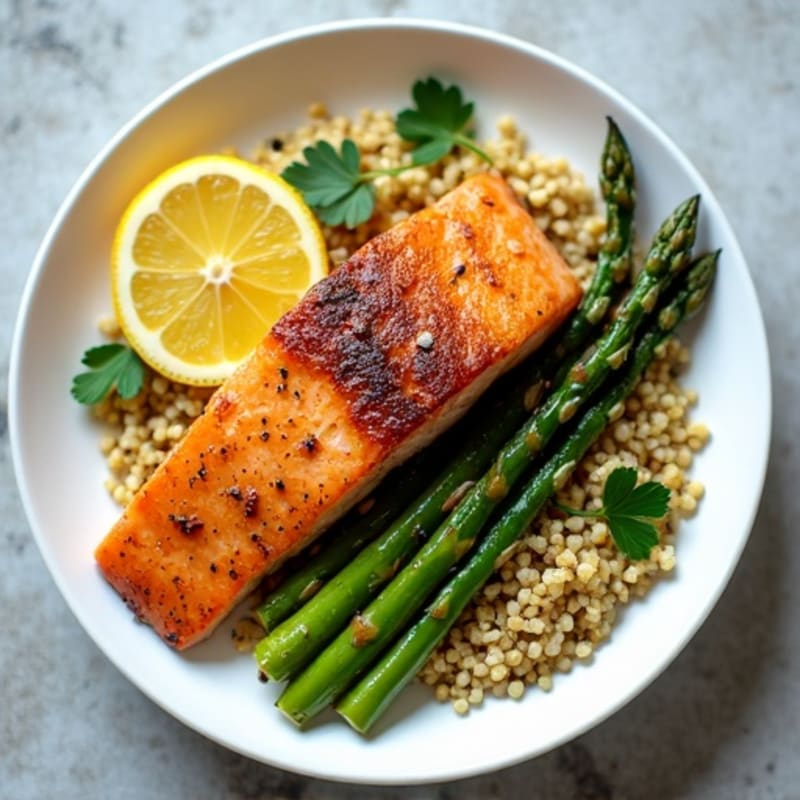 Crispy Pan-Seared Salmon with Lemon-Herb Quinoa and Roasted Asparagus