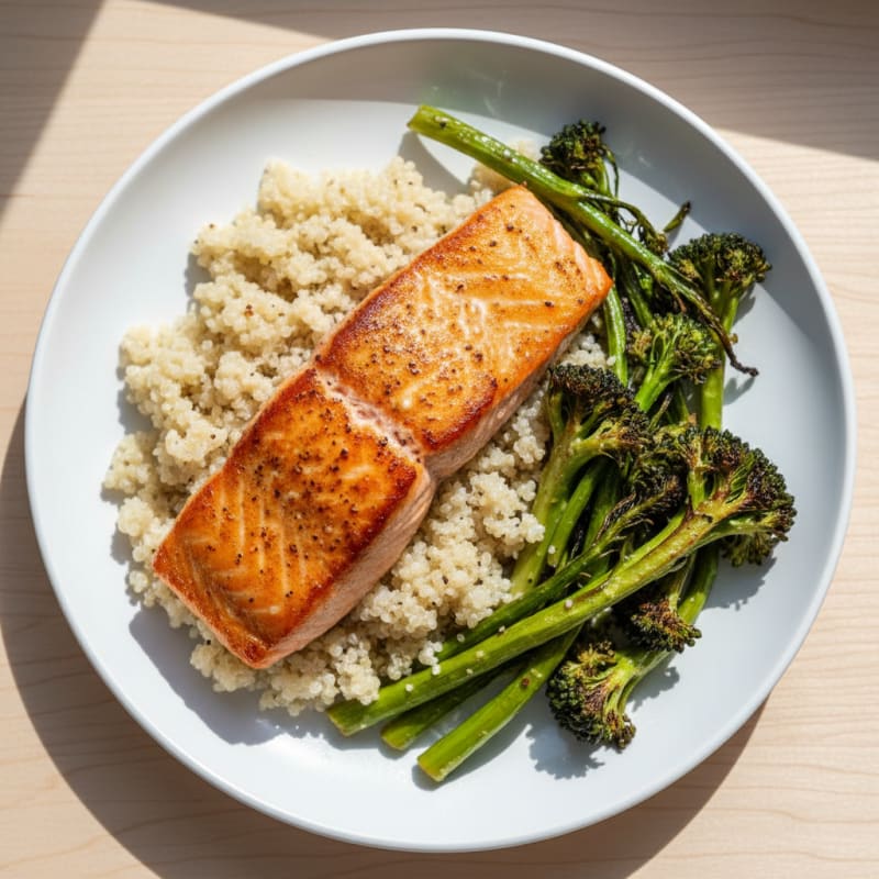 Seared Salmon with Roasted Broccoli and Quinoa
