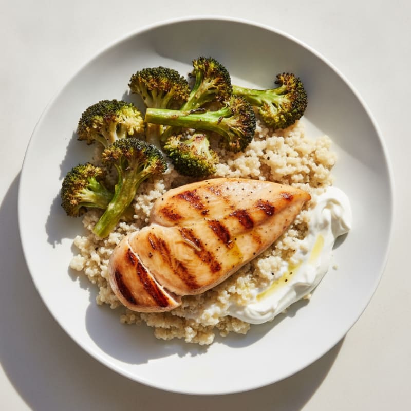 Grilled Chicken Breast with Creamy Quinoa and Roasted Broccoli