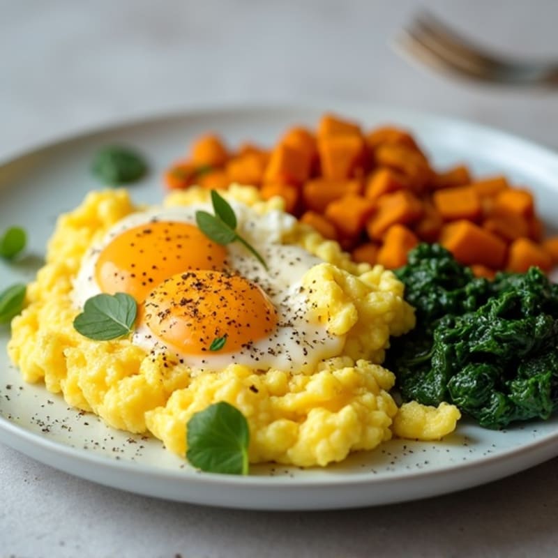 Creamy Scrambled Eggs with Sautéed Spinach and Crispy Sweet Potato Hash