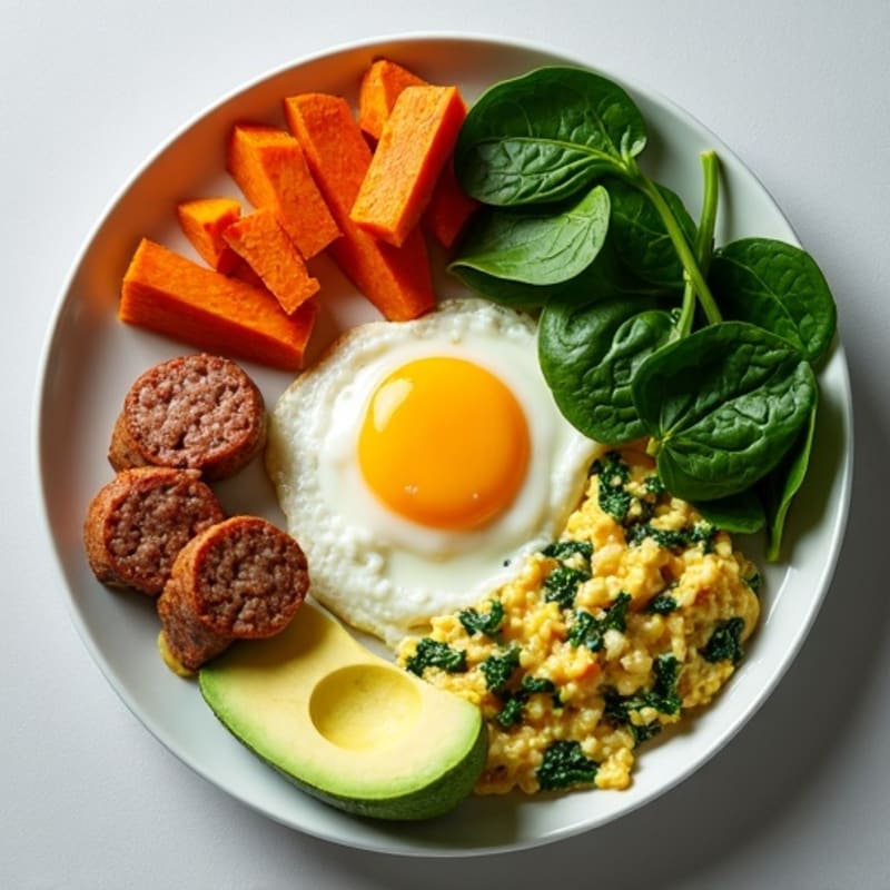 Egg White Spinach Scramble with Roasted Sweet Potato and Turkey Sausage