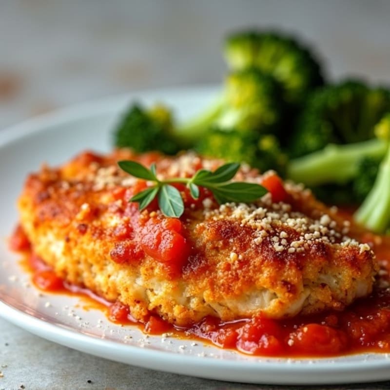 Crispy Baked Chicken Parmesan with Fresh Tomato Sauce and Roasted Broccolini