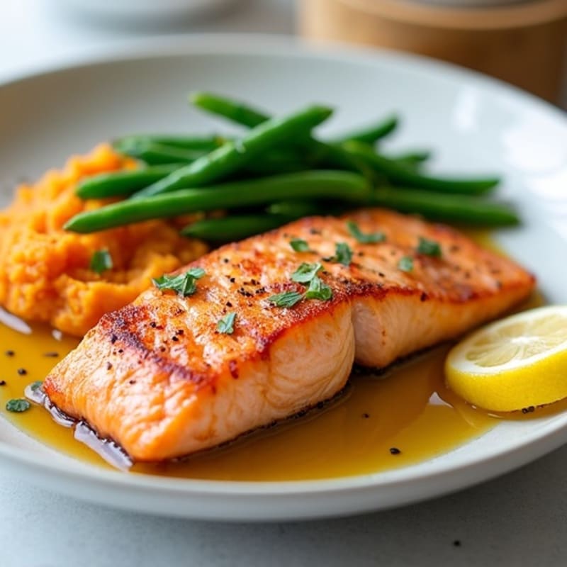 Seared Salmon with Garlic Green Beans and Sweet Potato Mash