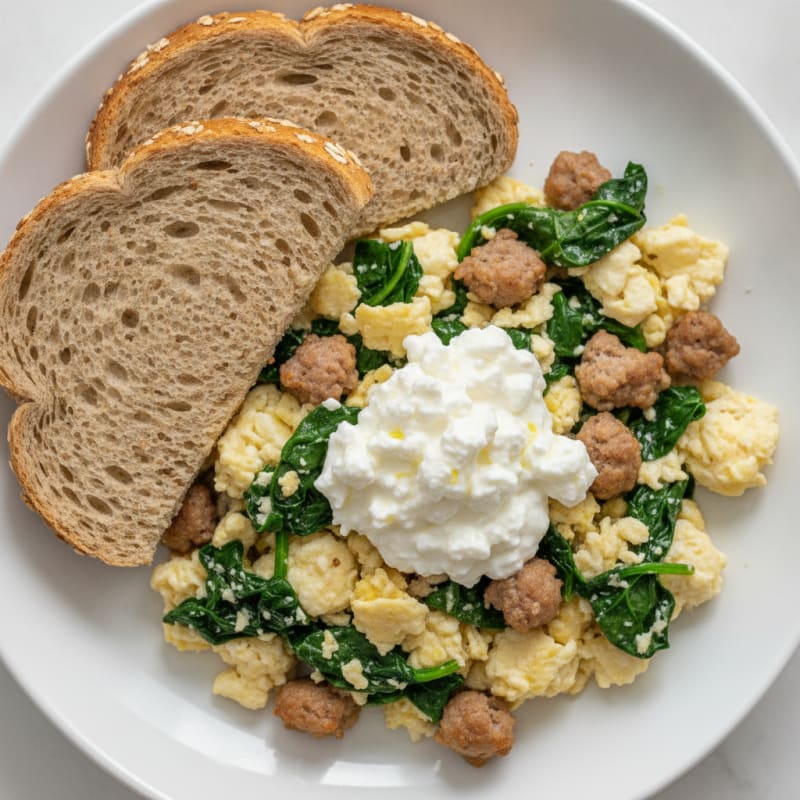 Egg White Spinach Scramble with Turkey Sausage and Cottage Cheese