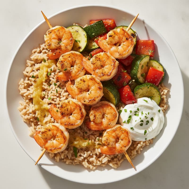 Grilled Shrimp and Rice Bowl with Roasted Vegetables