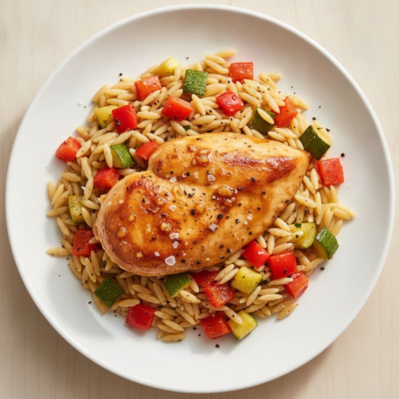 Honey-Garlic Chicken with Roasted Vegetables and Orzo