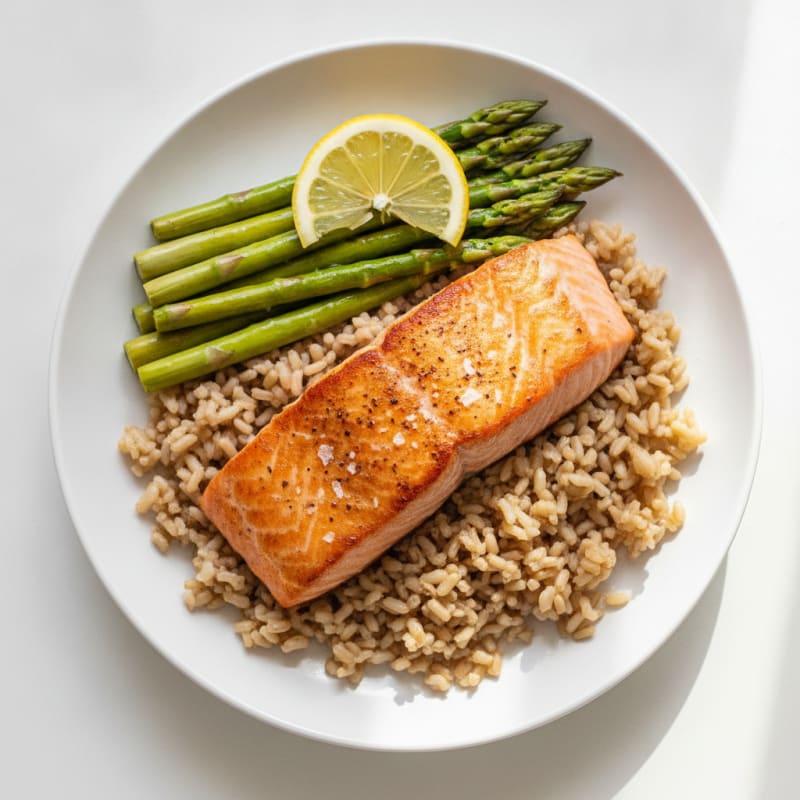Seared Salmon with Steamed Asparagus and Brown Rice